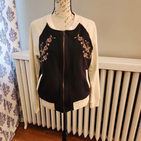 Y2K Wet Seal Bomber Jacket, Black & Cream Zip-Up Floral Embroidery, Varsity Sz L - Picture 1 of 9
